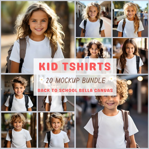 Back To School T-shirt Mockup Bundle, 20 Youth Students White Shirts JPGs, Kid Girls & Boys First Day Of School Classroom Bella Canvas Tees