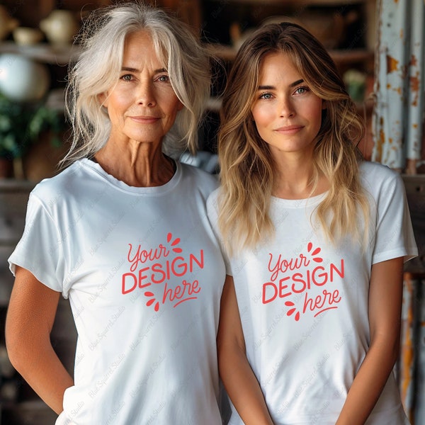 Grand Mother Adult Daughter White T-shirt Mockup, Senior Woman Older Daughter Bella Canvas 3001 Mock Up, Grandma & Grown Daughter Tee