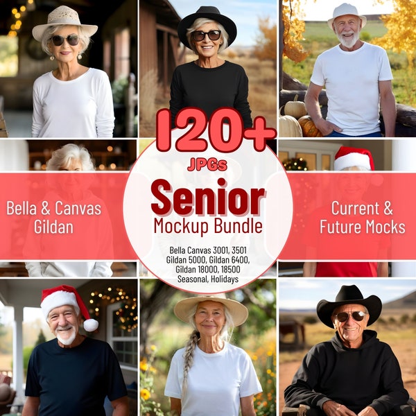 Senior Mockup Bundle Older Women Men 120+ Mocks - Bella Canvas 3001, 3501, Gildan 18000, 18500, Grandma Grandpa T-shirt Hoodie Mockup Bundle