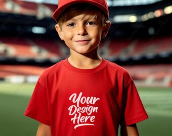 Puede incluir: Una persona joven que lleva una camiseta roja con el texto "Your Design Here" en blanco. La persona también lleva una gorra de béisbol roja.