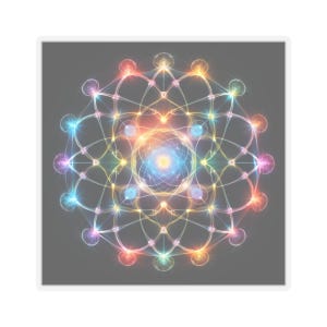 Könnte beinhalten: Ein farbenfrohes geometrisches Mandala mit einem Regenbogen an Farben, darunter Rot, Orange, Gelb, Grün, Blau, Indigo und Violett. Das Mandala besteht aus sich überlappenden Kreisen und Linien, die ein komplexes und filigranes Design bilden.