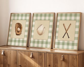 Baseball Nursery Wall Art Set of 3, Baseball Nursery Decor, Baseball Wall Art, Gingham Boy Room Decor, Baseball Prints, Baseball Wall Decor
