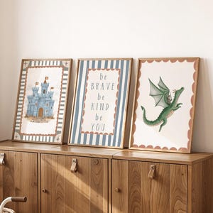 Tiny Hero Nursery Wall Art Set of 3, Little Knight’s Nursery Print Set, Knights & Dragons Prints, Enchanted Kingdom Printable Art, Digital