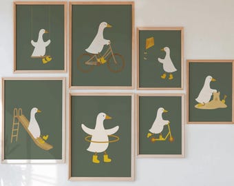 Juego de 7 láminas imprimibles de arte mural de gansos para guardería, linda decoración de gansos estilo granja, divertidas láminas de animales, decoración de sala de juegos estilo cottagecore, decoración de animales caprichosa