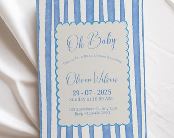 Blue Striped Baby Shower Invitation Template , Oh Baby Boy Shower Invitation, Editable & Printable Chic Boy Baby Shower Digital