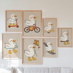 Vintage Silly Goose Nursery Wall Art, Eclectic Nursery Wall Art Set of 7 Colorful Prints,Gender Neutral Playroom Decor,Playful Animal Prints