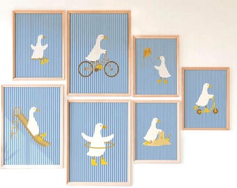 Vintage Silly Goose Nursery Wall Art, Blue Goose Stripes Print: Farmhouse Nursery Wall Art,Baby Boy Nursery Wall Decor,Playful Animal Prints