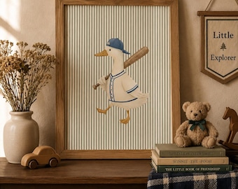 Silly Goose Wall Art, Cute Goose Nursery Decor, Baby Boy Room Print, Sports Animal Poster, Baseball Goose Printable, Kids Room Decor,Digital
