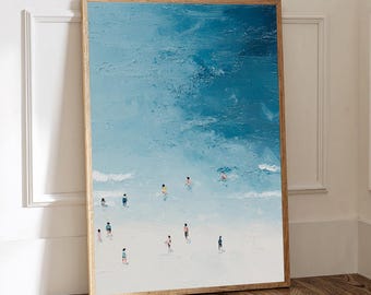 Tiny People Swimming in Ocean Print, Summer Poster, Beach House Decor, Pool House Beach Summer Poster, Minimalist Printable Wall Art