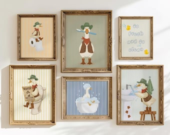 Bathroom Duck Gallery Art, 6 Kids Bath Time Printable Toddler Posters,Cowboy Goose Nursery Wall Art,Whimsical Playful Kids Washroom Wall Art