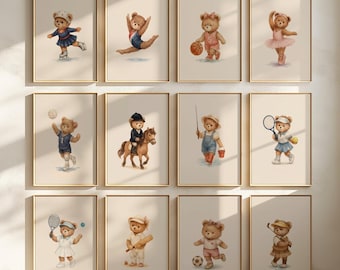 Vintage Sport Teddybär Drucke: Baby Mädchen Kinderzimmer Kunst (Set von 12) (Digitaler Download)