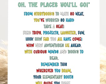 Poème « Oh the Places Youll Go », lettre de fin d'année scolaire à imprimer pour les élèves, carte cadeau de l'enseignant à l'élève pour une classe d'école primaire