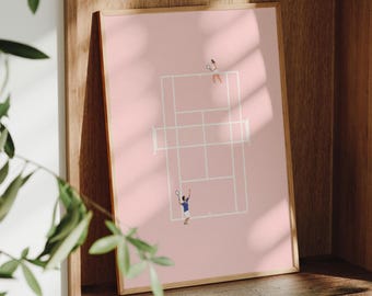 Tennis Wall Art, Pink Tennis Court Print, Small People Art, Retro Cute Tennis Art, College Apartment Decor, Gift for Tennis Player, Digital