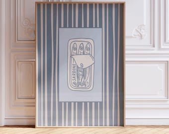 Blue Striped Sardines Print: Retro French Bistro Kitchen Art (Digital Download