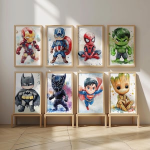 Juego de 10 impresiones de arte mural de superhéroes para habitación de niños, sala de juegos, guardería, pósteres con temática de superhéroes, descarga digital imprimible