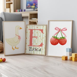 Personalized Goose Nursery Wall Art Set, Strawberry Nursery, Neutral Floral Goose Print, Coquette Goose Pink Bow Wall Art, Vintage Girl Room