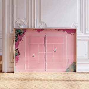 Vintage Tennis Wall Art, Pink Tennis Court Print, Small People Art, Retro Cute Tennis Art, College Apartment Decor, Gift for Tennis Player
