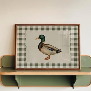 May include: A framed print of a mallard duck with a green head, brown body, and blue wing accents. The artwork is set against a gray and white checkered background and framed in a brown wooden frame. The print rests on a green and wood-toned shelf.