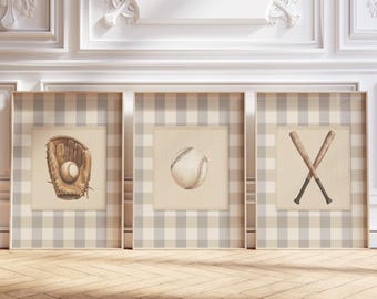 Baseball Nursery Wall Art Set of 3, Baseball Nursery Decor, Baseball Wall Art, Gingham Boy Room Decor, Baseball Prints, Baseball Wall Decor