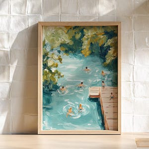 Impressionist Tiny Swimmers Print Aerial Pool Wall Art, Beach House Poster Lake House