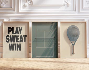 Padel Court Vintage Plakat, Padel Wand Kunstdruck, 3er-Set, Pickleball druckbare Wandkunst, Pickleball Platz Digitaldruck für Sportliebhaber
