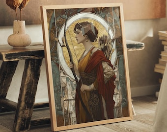 Impressão digital da deusa grega da caça, Diana Ártemis, inspirada na arte art nouveau e na mitologia grega, representando a energia feminina.