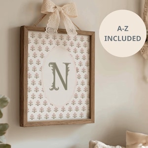 Floral Initial Wall Art, Vintage Girl Nursery Decor, Cottagecore Alphabet, Sage Green and Pink Watercolor Initial Print, Baby Shower Gift