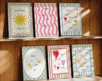 Set de 6 láminas para habitación infantil, láminas coloridas para la habitación de los niños, arte de pared para la sala de juegos, decoración boho, ilustraciones inspiradoras y positivas, formato digital