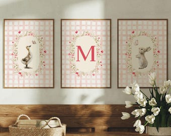 Conjunto de arte mural personalizado de conejito y ganso gracioso para habitación infantil, decoración de habitación de niña estilo granja, ilustración de conejo vintage, láminas de ganso para habitación infantil, digital