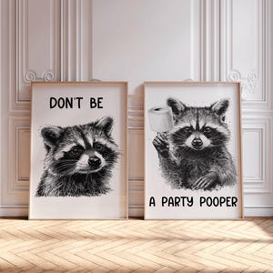 Funny Raccoon Wall Art,&quot;Don&#39;t Be a Party Pooper&quot; Adorable Raccoon Bathroom Print,Raccoon with a Toilet Paper,Animal Bathroom Photo Print Set