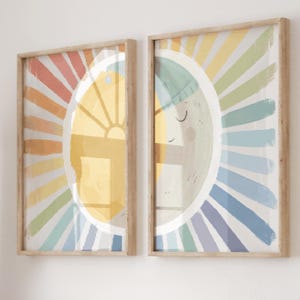 2er Set Celestial Nursery Prints, Boho Sonne & Mond Wandkunst, Aquarell Kinderzimmer Sun Print, Regenbogen Sonne Wandkunst, Gender neutrales Kinderzimmer Dekor