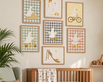 Goose Nursery Wall Art Set of 7, Gingham Animal Prints, Neutral Kids Room Decor, Silly Goose Gallery Wall, Printable Nursery Art, Digital