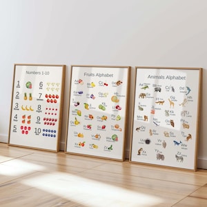 Alfabeto y números en acuarela, pósteres para la educación en casa, bonito póster del ABC, decoración de pared para la sala de juegos, alfabeto y números para guardería, póster Montessori