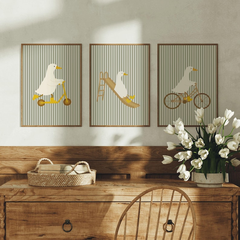 Sage Green Stripes Silly Goose Nursery Wall Art, Eclectic Nursery Wall ...