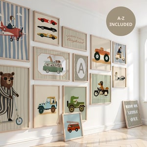 20 Retro Vehicle Wall Art Bundle, Nursery Transportation Prints A-Z, Animal Car Printable Art Set, Vintage Car Poster Set, Travel Boy Art