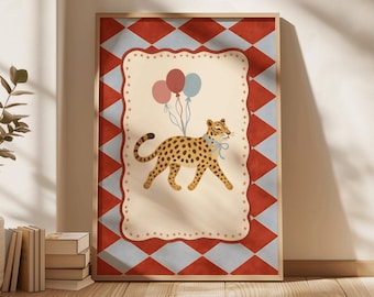 Lámina infantil de circo con leopardo vintage, póster de circo caprichoso, decoración infantil con temática de circo, decoración de sala de juegos neutra, descarga digital