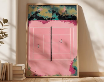 Vintage Pink Tennis Court Art Print, Retro Style (Digital Download)