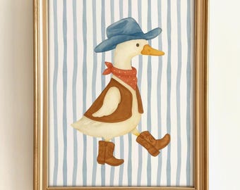 Arte de pared vintage de vaquero y ganso para guardería, descarga de temática occidental para niños pequeños, decoración de pared a rayas para guardería de niño, arte imprimible de pato occidental, digital