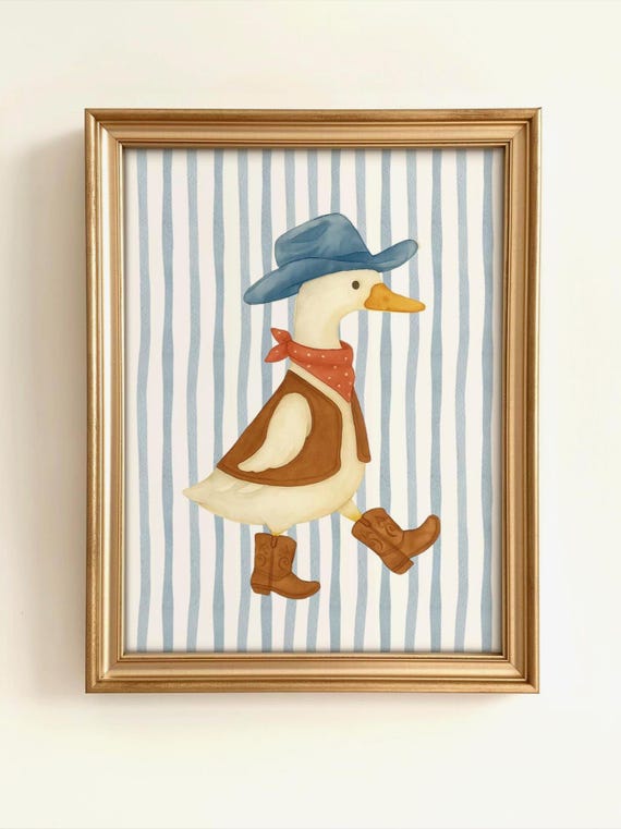Vintage Cowboy Goose Nursery Wall Art, Toddler Western Theme Download,Striped Baby Boy Nursery Wall Decor,Western Duck Printable Art,Digital
