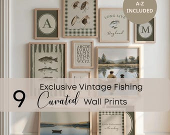 Láminas personalizadas de arte mural de pesca vintage, decoración para guardería o cueva de hombre, decoración vintage para pescadores, juego de 9 láminas de arte mural de pesca para guardería, digitales