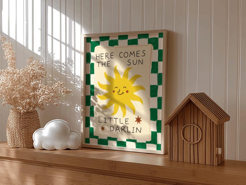Here Comes The Sun Little Darlin Nursery Print, Boho Sunshine Wall Art, Modern Kids Room Decor, Above Bed Decor,Gender neutral nursery decor image 5