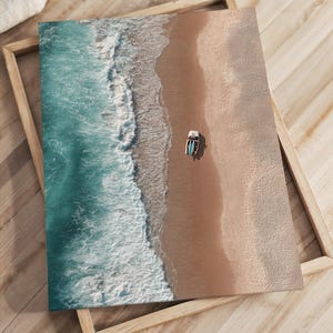 Aerial Beach Print: Tiny Surfers, Retro Summer Decor (Digital Download)
