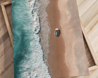 Aerial Beach Print: Tiny Surfers, Retro Summer Decor (Digital Download)