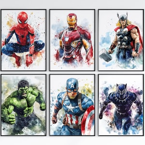 Supereroi Set di 6 Poster Acquerello Regalo Galleria d'Arte Stampabile Supereroi Parete Decorazione per la Stanza dei Bambini Download Digitale