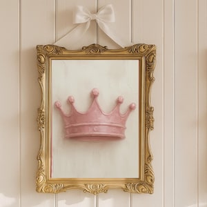 Pink Coquett Crown Impasto Paint, Vintage Girly Romantic Artwork, Preppy Home Wall Prints, Elegant Pink Keepsake for Nursery Decor, Digital