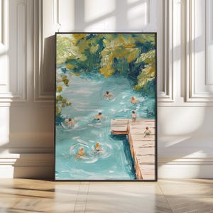Tiny People Swimming in Lake Print,Retro Swimming wall art,Pool House Beach Summer Poster, Beach House Decor, Minimalist Printable Wall Art