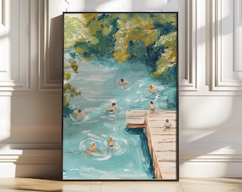 Tiny People Swimming in Lake Print,Retro Swimming wall art,Pool House Beach Summer Poster, Beach House Decor, Minimalist Printable Wall Art