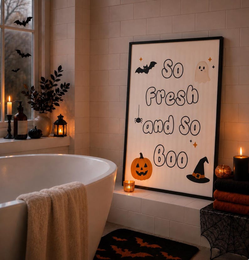May include: A rectangular framed wall art piece featuring the text So Fresh and So Boo in a bold black font. The design includes illustrations of a black bat, a white ghost, a black spider, an orange jack-o'-lantern, and a black witch hat.