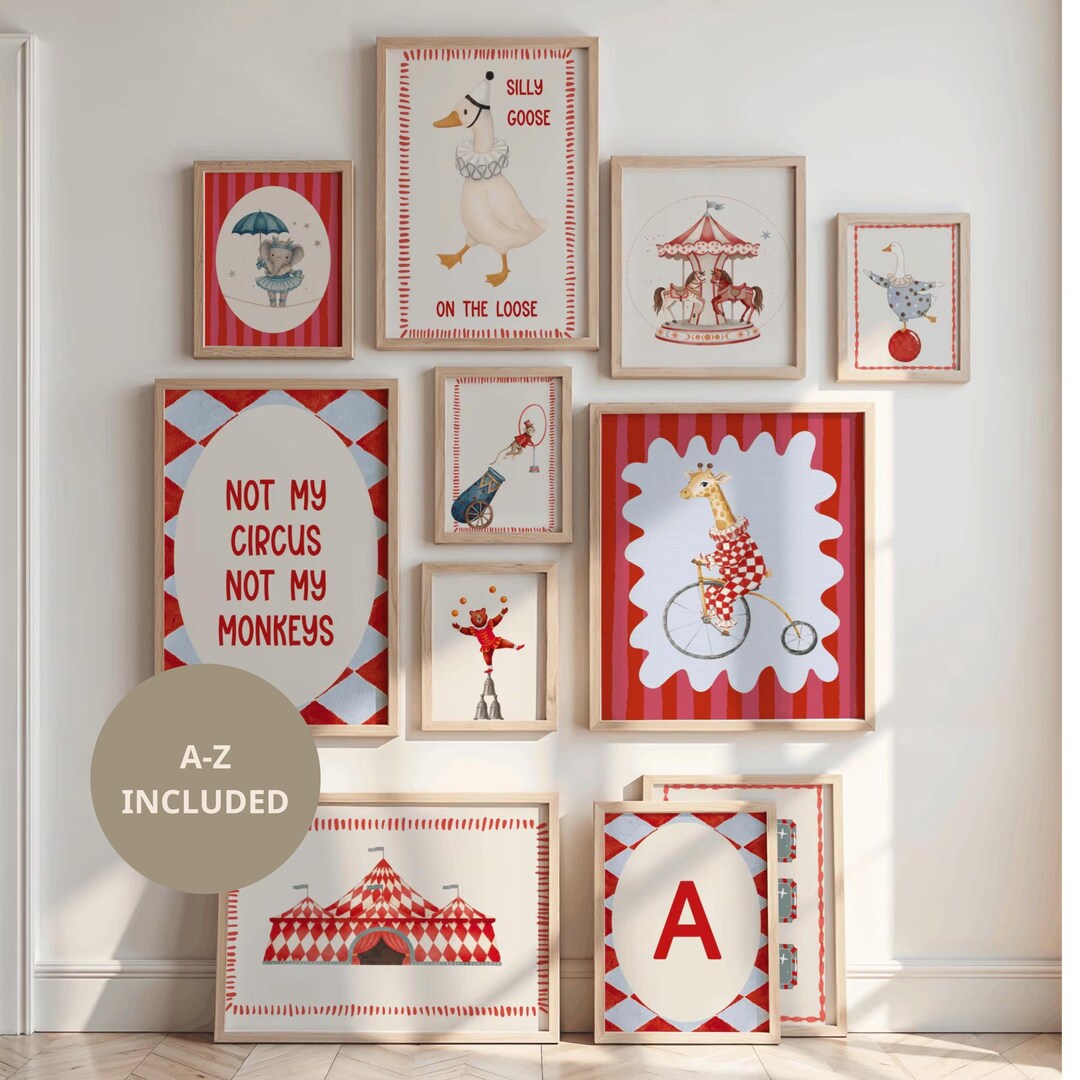 Vintage Circus Nursery Prints Set of 11: A-Z Initial, Whimsical Circus ...