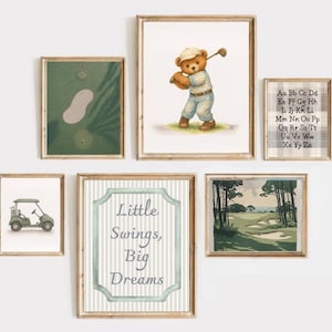 Vintage Teddy Bear Nursery Golf Prints, Set of 6 prints, Sage Green, Nostalgic Wall Decor, Vintage Sport Nursery Decor, Golf Boy Room Print